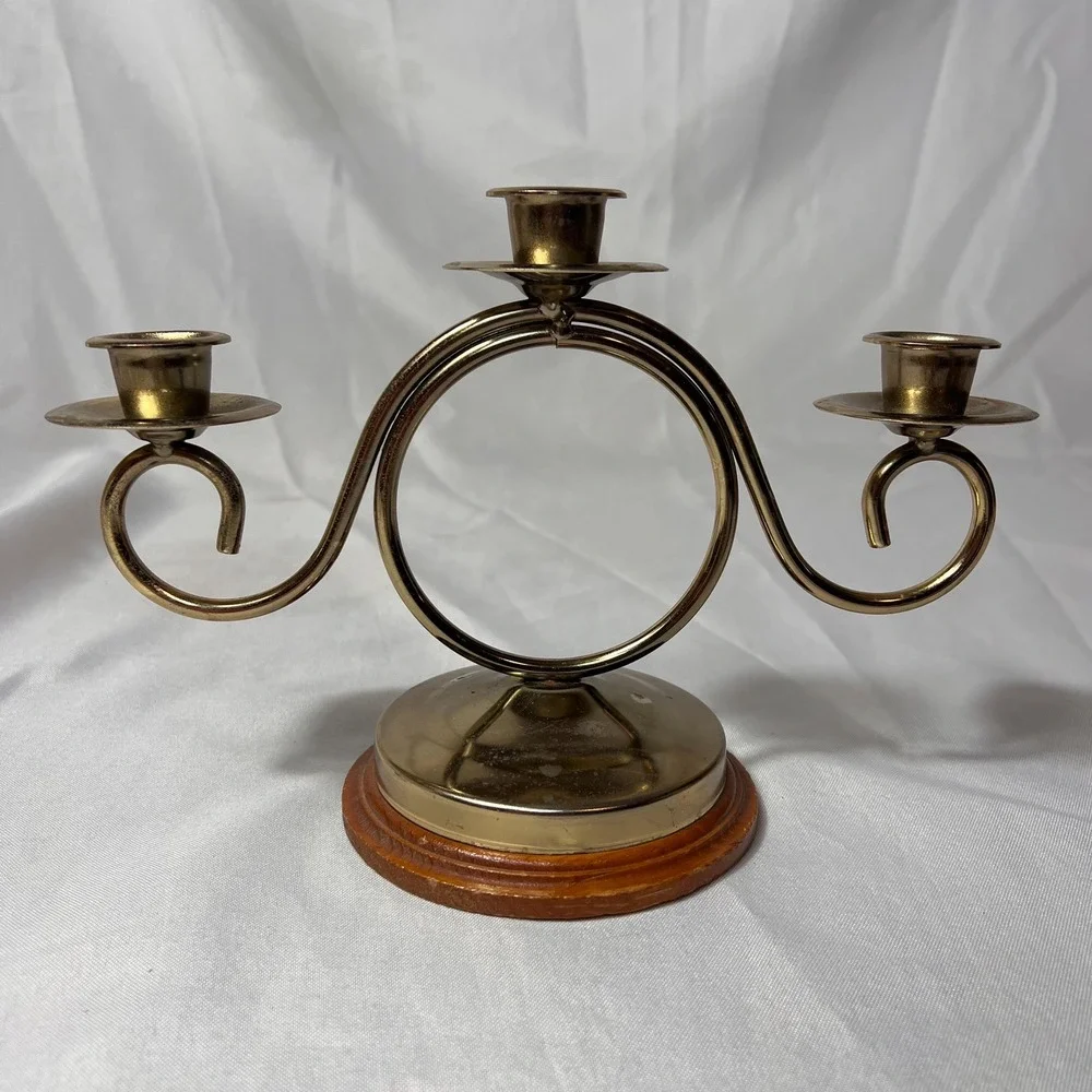 VTG Brass 3 Arm Candelabra Wood Base Scroll Candle Holder Hollywood Regency